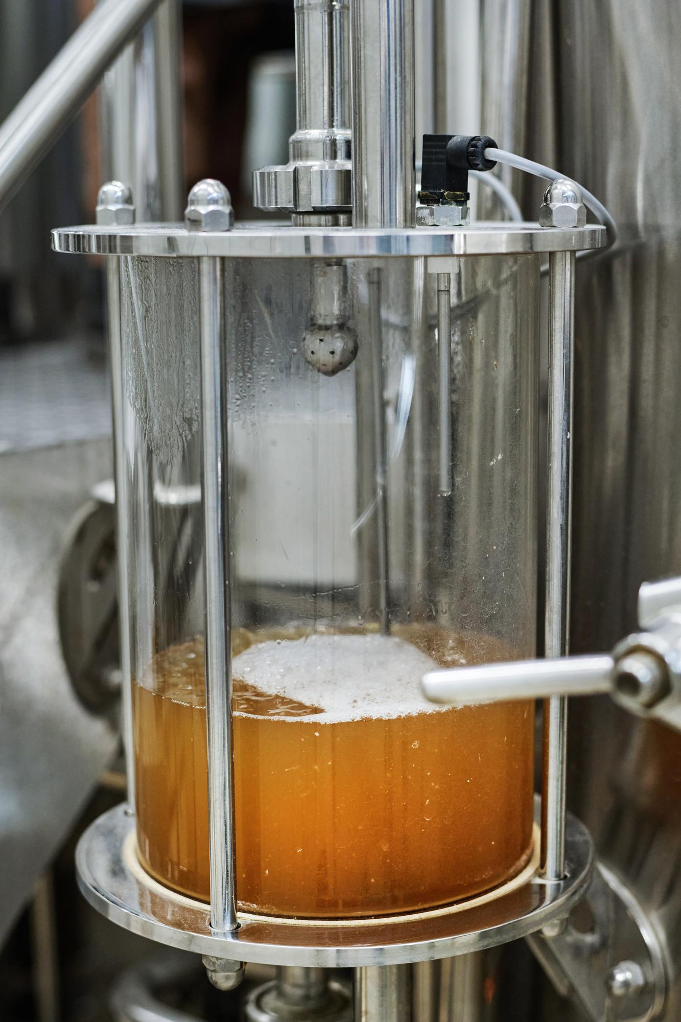 Espuma de mosto dentro da câmara de vidro de um equipamento de brassagem